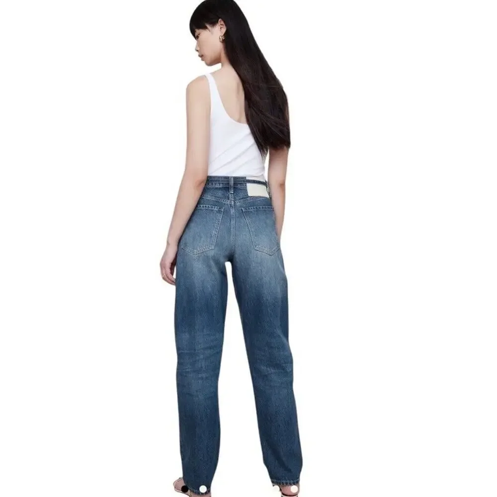 Banana Republic High Rise Rigid Bow Jeans 31 Blue‎ Horseshoe Barrel Leg NO BELT - Picture 7 of 16